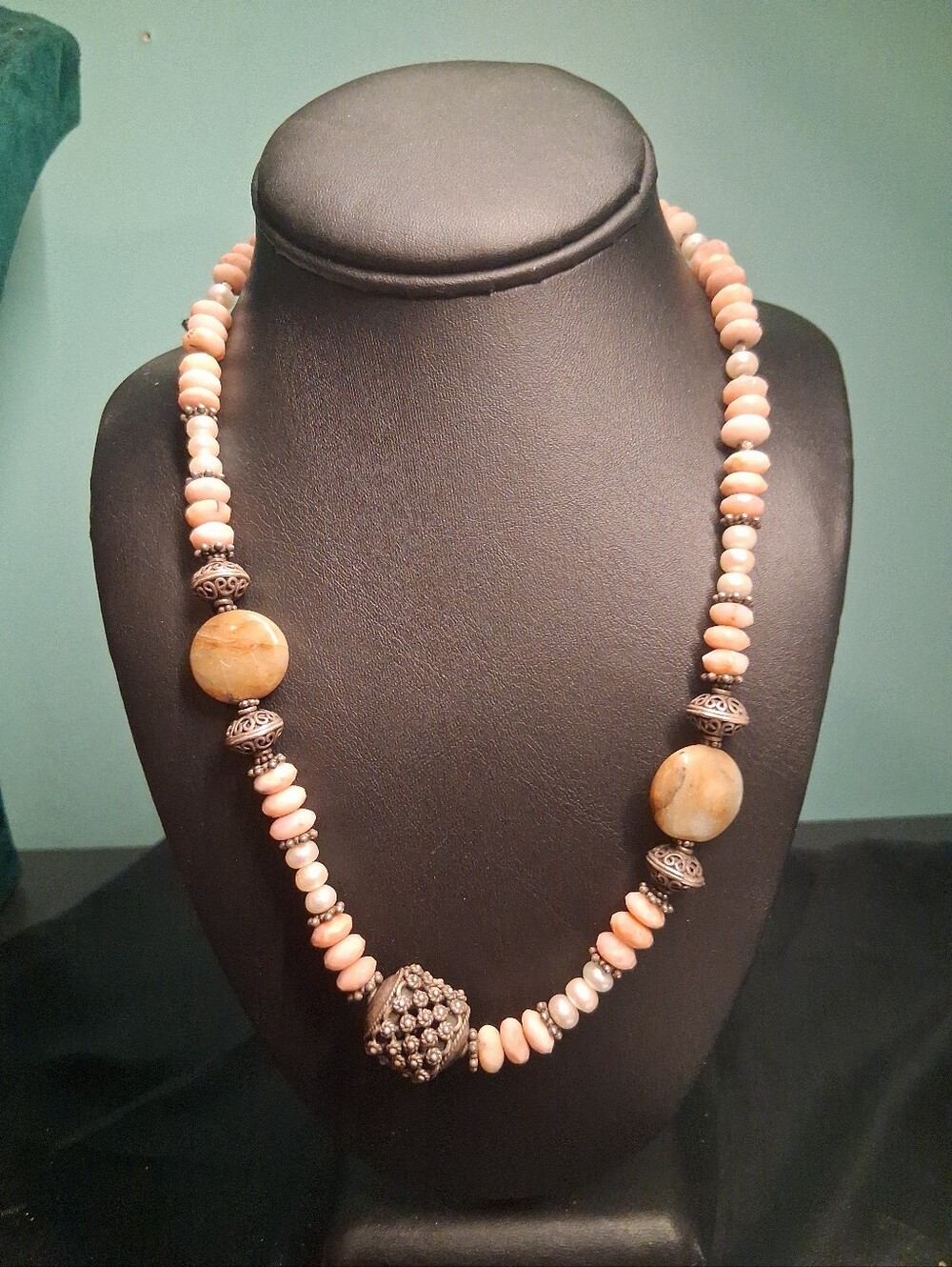 G64. 925 Sterling Silver Gemstone Necklace W Agate, Pearl, Pink Opal, 18"